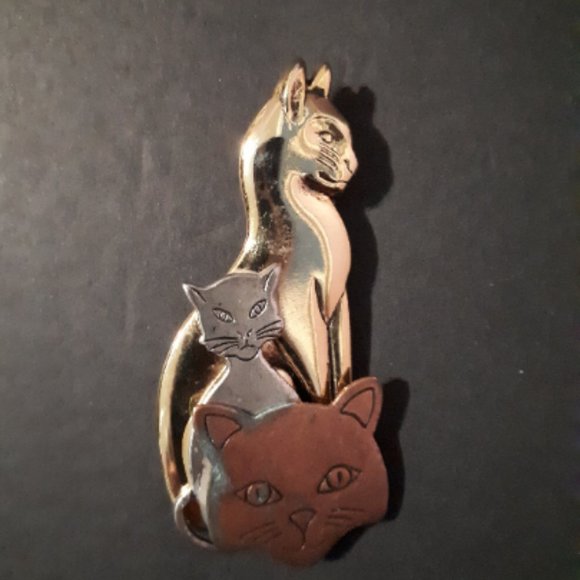 Cat Trio Brooch Pin Vintage Mixed Metals - Picture 1 of 4